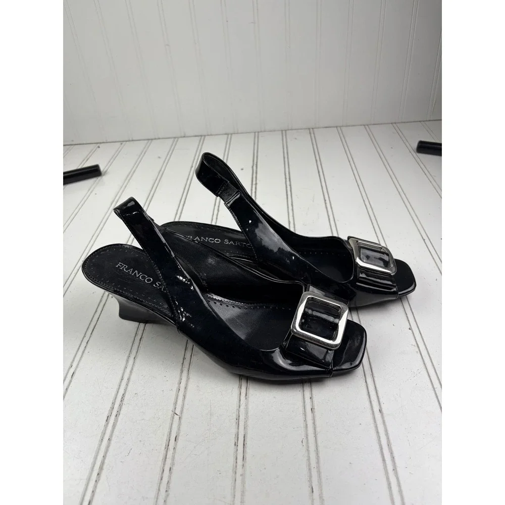 Franco Sarto Vintage Y2K Black Patent Leather Slingback Heels Women's Size 9.5
